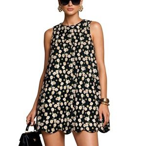 Lost+Wander Daisy Ditsy Floral Cottagecore Embroidered Mini Shift Dress Black S‎